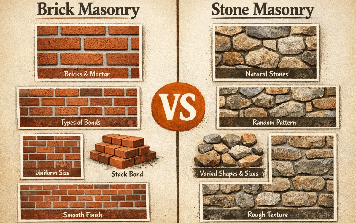 difference between stonemasonry and brick masonry